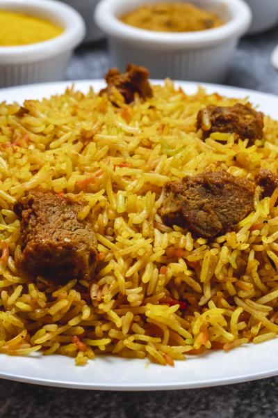 Side View Pilaf With Stewed Beef Meat Plate